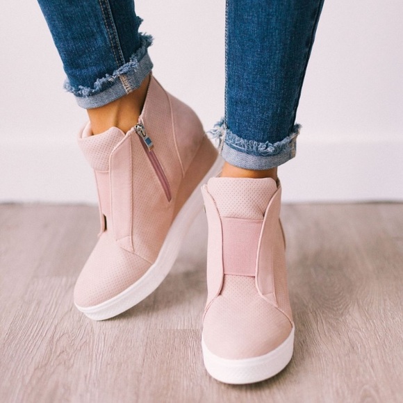 Blush pink perforated vegan suede side zip sneaker wedges 6 8.5 9 - Picture 7 of 8